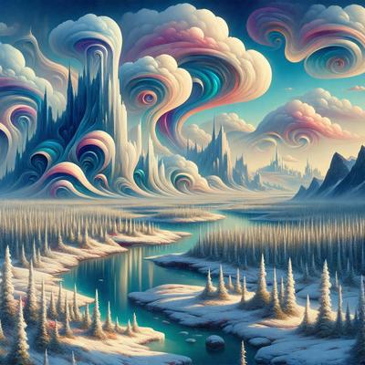 The primary subject of the image is a beautifully painted landscape featuring a river surrounded by snow-covered trees and mountains. The setting is a wintery, snowy environment, and the visual style is a combination of digital art and illustration. The colors and mood of the image are predominantly cold and serene, with the blue river and white snow creating a striking contrast against the vibrant colors of the painted landscape.